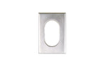 Metallic rectangular object with an oval center on a white background