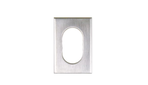 Metallic rectangular object with an oval center on a white background