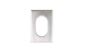 Metallic rectangular object with an oval center on a white background