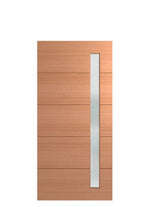 Wooden door with a metallic handle on a white background
