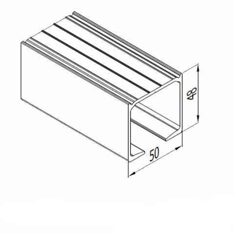 Technical line drawing of a rectangular U-profile aluminum rail with dimension annotations, including a 50 mm width and 200 mm length, on a white background.
