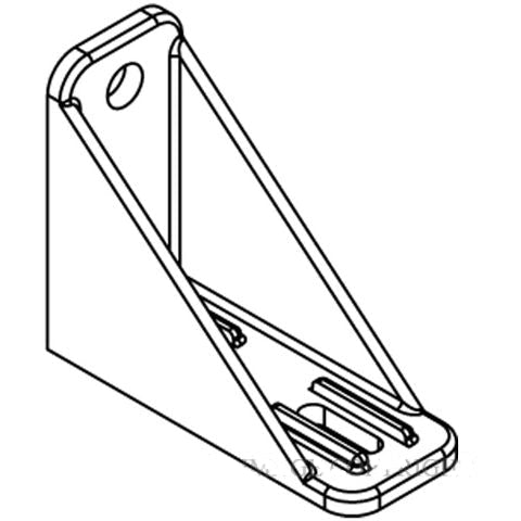Black and white line drawing of a triangular metal bracket or support stand, likely for a monitor or equipment stand, with a mounting hole at the top and a slotted base.