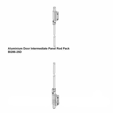 Technical line drawing showing an aluminium door intermediate panel rod pack, with exploded-style assembly views and the text 'Aluminium Door Intermediate Panel Rod Pack BI266-25D' on a white background.