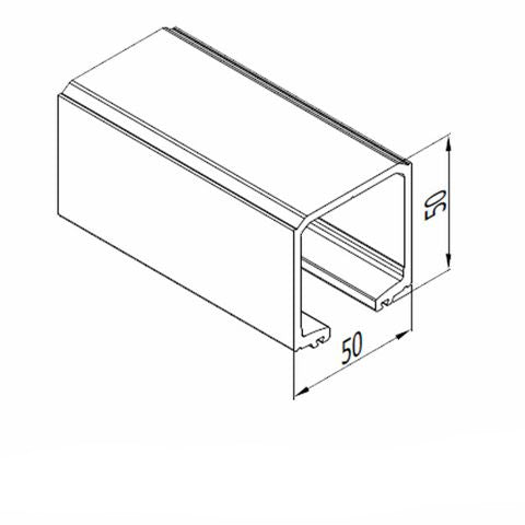 Technical line drawing of a rectangular metal channel fitting with dimension annotations showing 50 mm measurements and the label 400E.