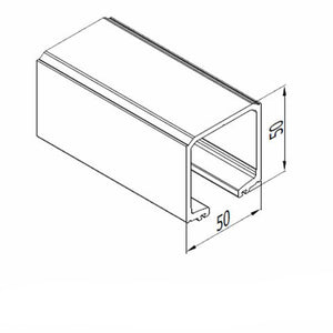 Technical line drawing of a rectangular metal channel fitting with dimension annotations showing 50 mm measurements and the label 400E.