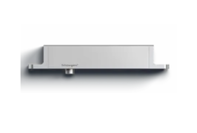 Stainless steel wall-mounted shelf with a brand logo on a white background