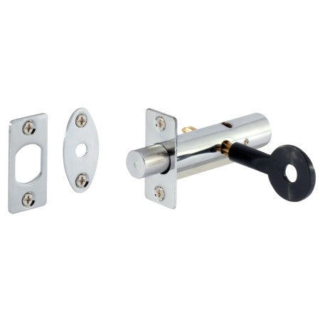 A chrome-finished metal latch lockset with a cylindrical bolt, two mounting plates, and a black key, shown on a plain white background.