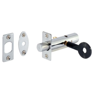 A chrome-finished metal latch lockset with a cylindrical bolt, two mounting plates, and a black key, shown on a plain white background.