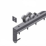 An isometric rendering of a metal mounting rail or track component with two wheel assemblies and a separate square mounting plate, shown on a plain white background with the text '61JNP' at the top and a 'FINER FITTINGS IMAGE COPYRIGHT' watermark at the bottom.