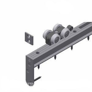An isometric rendering of a metal mounting rail or track component with two wheel assemblies and a separate square mounting plate, shown on a plain white background with the text '61JNP' at the top and a 'FINER FITTINGS IMAGE COPYRIGHT' watermark at the bottom.