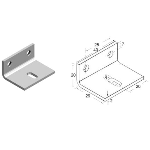 Technical dimension drawing of a silver metal L-bracket with mounting holes, shown alongside a 3D isometric rendering on a white background. A copyright watermark for 'NZ HARDWARE IMAGE' is visible at the bottom.