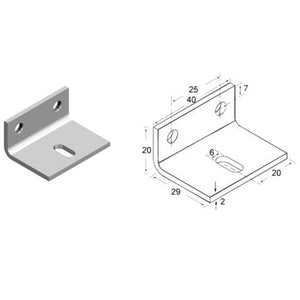 Technical dimension drawing of a silver metal L-bracket with mounting holes, shown alongside a 3D isometric rendering on a white background. A copyright watermark for 'NZ HARDWARE IMAGE' is visible at the bottom.