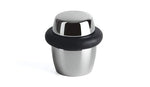 Metallic wine bottle stopper with black rubber gasket on a white background