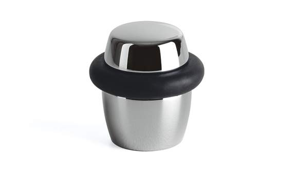 Metallic wine bottle stopper with black rubber gasket on a white background
