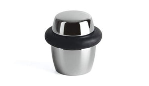Metallic wine bottle stopper with black rubber gasket on a white background
