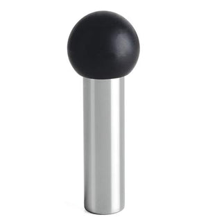 Black spherical object on a silver cylindrical stand against a white background