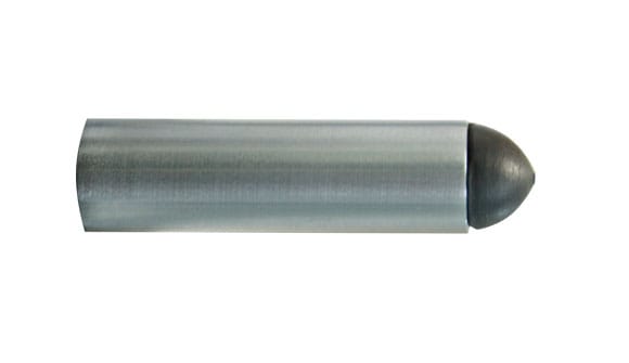Metallic cylindrical object with a pointed end on a white background