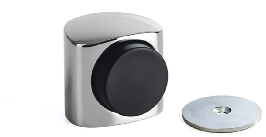 Metallic door stopper with a black rubber bumper on a white background