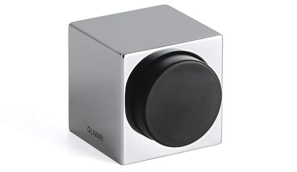 Silver cube-shaped object with a black circular component on a white background