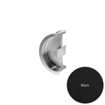 Metallic door handle and black circular sample on a white background