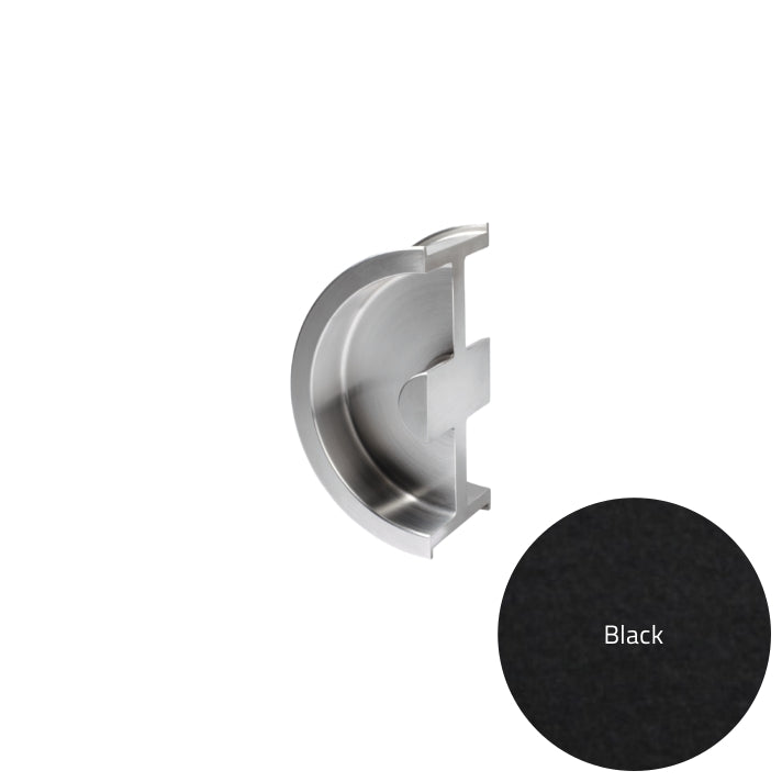 Metallic door handle and black circular sample on a white background