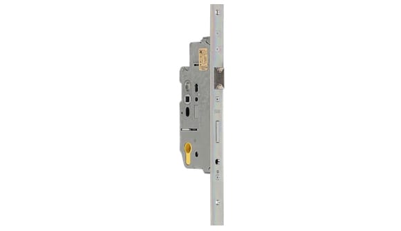 Metal door lock mechanism on a white background