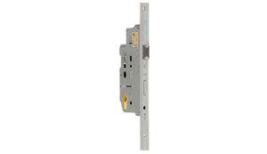 Metal door lock mechanism on a white background
