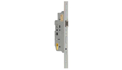 Metal door lock mechanism on a white background