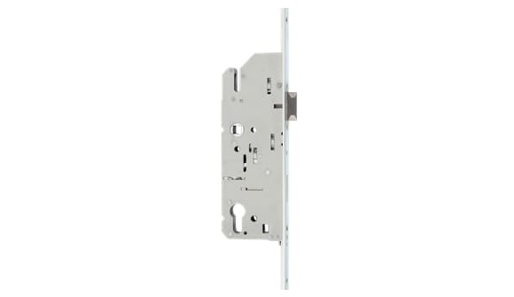 Metal door lock mechanism on a white background