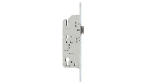 Metal door lock mechanism on a white background
