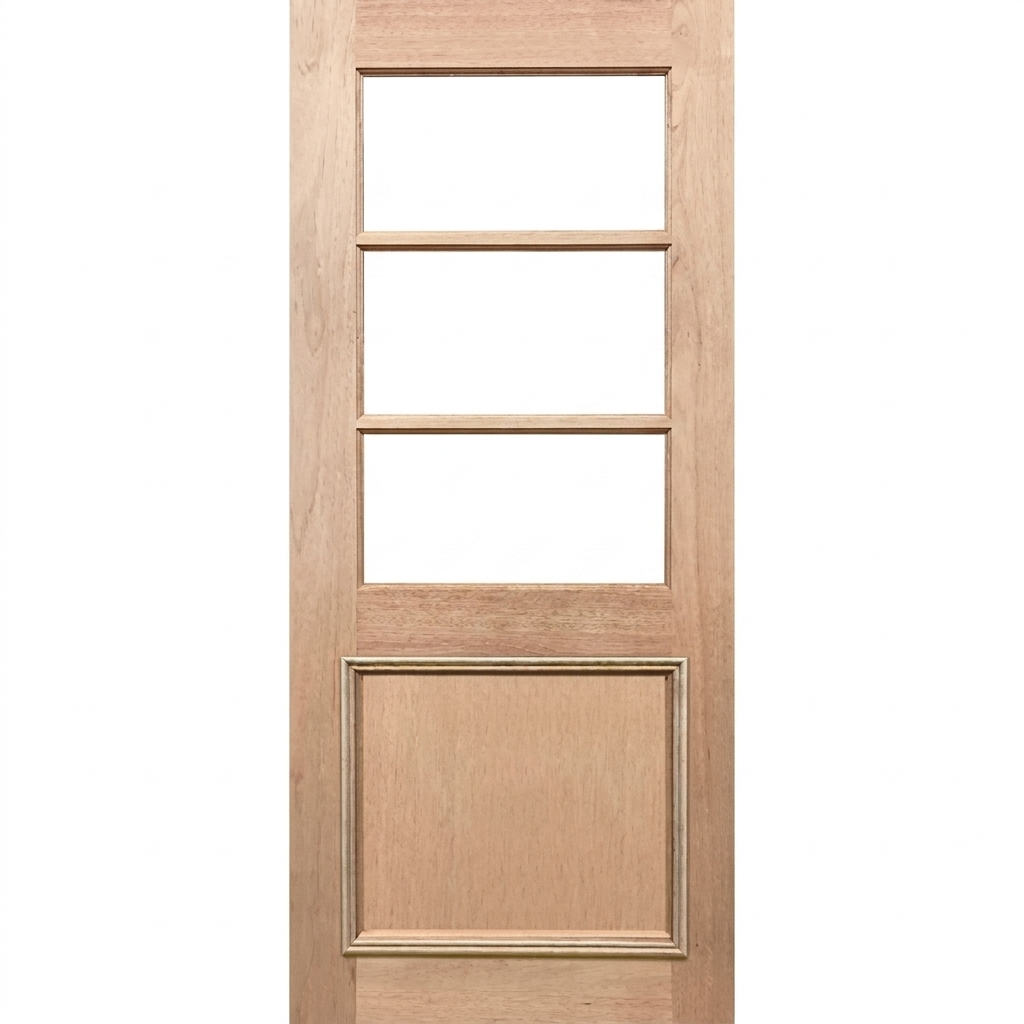 Wooden door with three glass panels on a white background