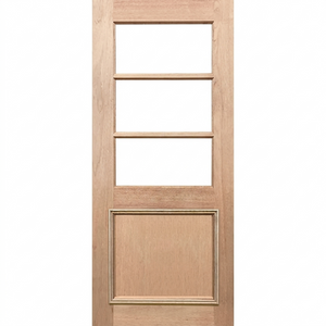 Wooden door with three glass panels on a white background