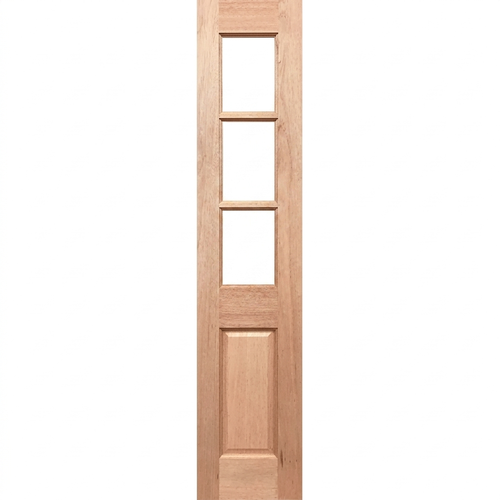 Wooden door with three glass panels on a white background