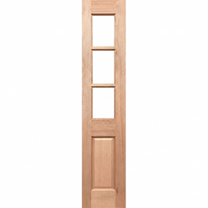 Wooden door with three glass panels on a white background