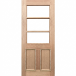 Wooden door with four panels and two square glass panels on a white background