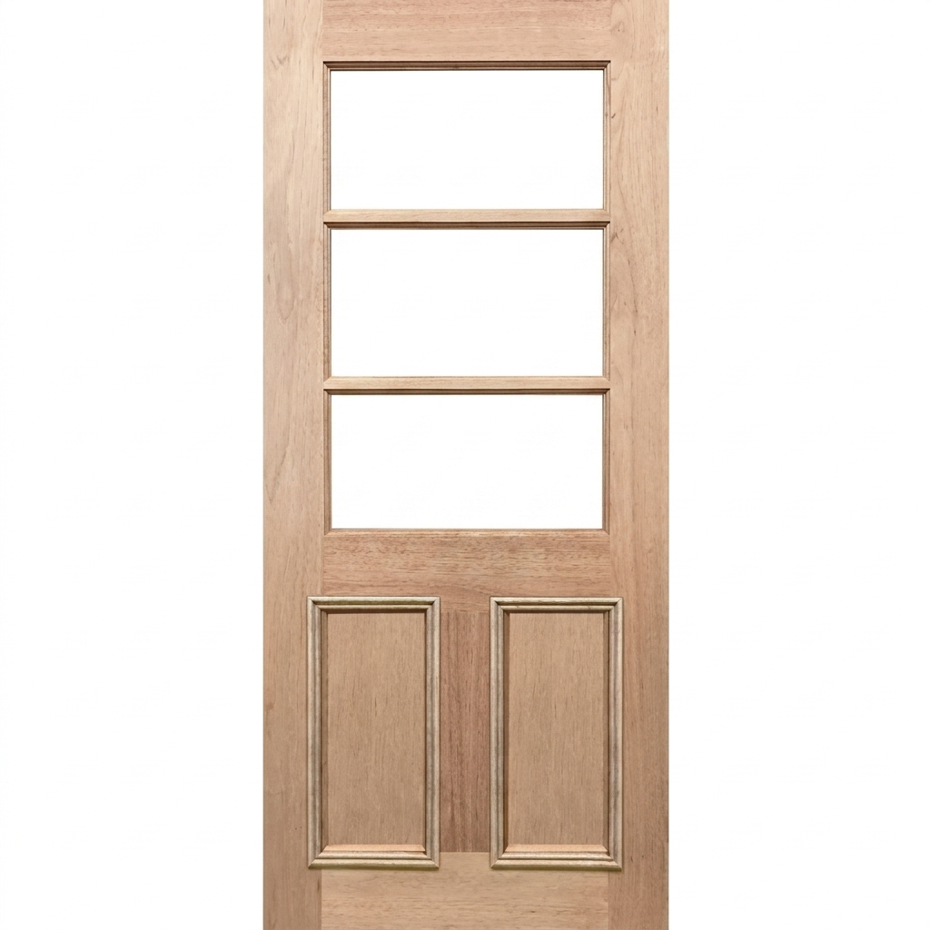 Wooden door with four panels and two square glass panels on a white background