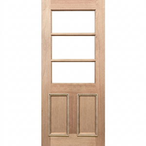 Wooden door with four panels and two square glass panels on a white background