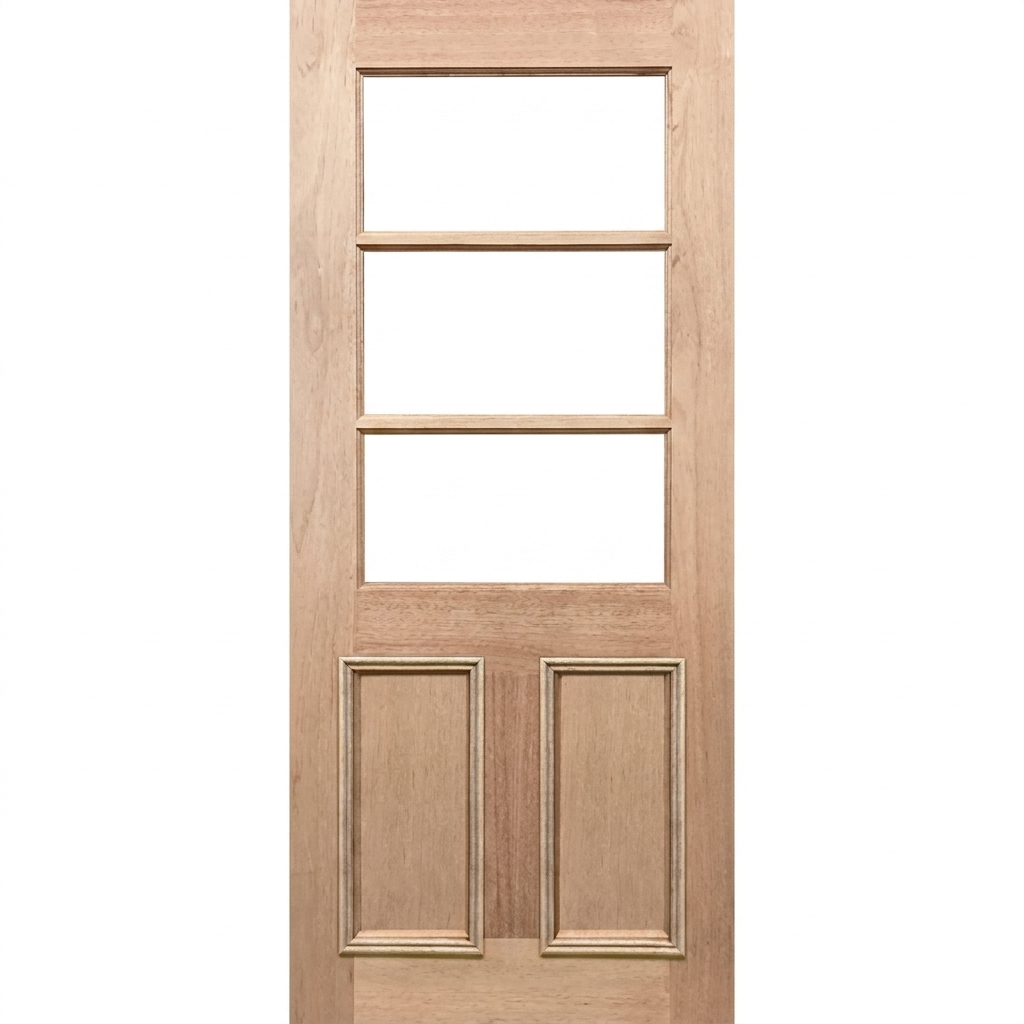 Wooden door with four glass panels on a white background