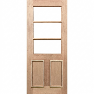 Wooden door with four glass panels on a white background