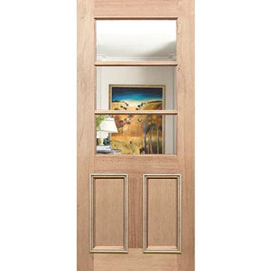 Wooden door with glass panels featuring a scenic painting on a white background