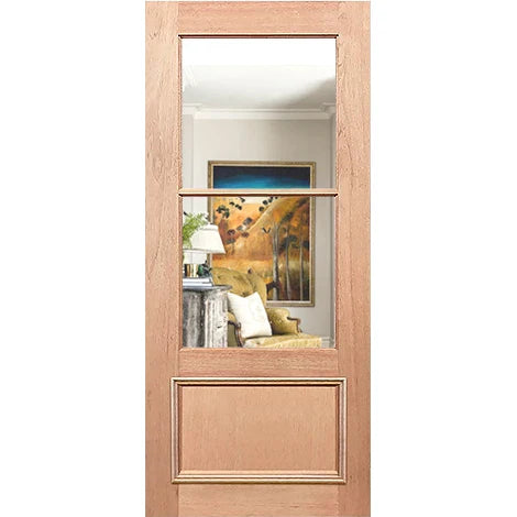 Wooden door with a reflective surface showing a room interior with a painting.