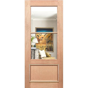 Wooden door with a reflective surface showing a room interior with a painting.