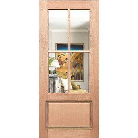 Wooden door with glass panels on a white background