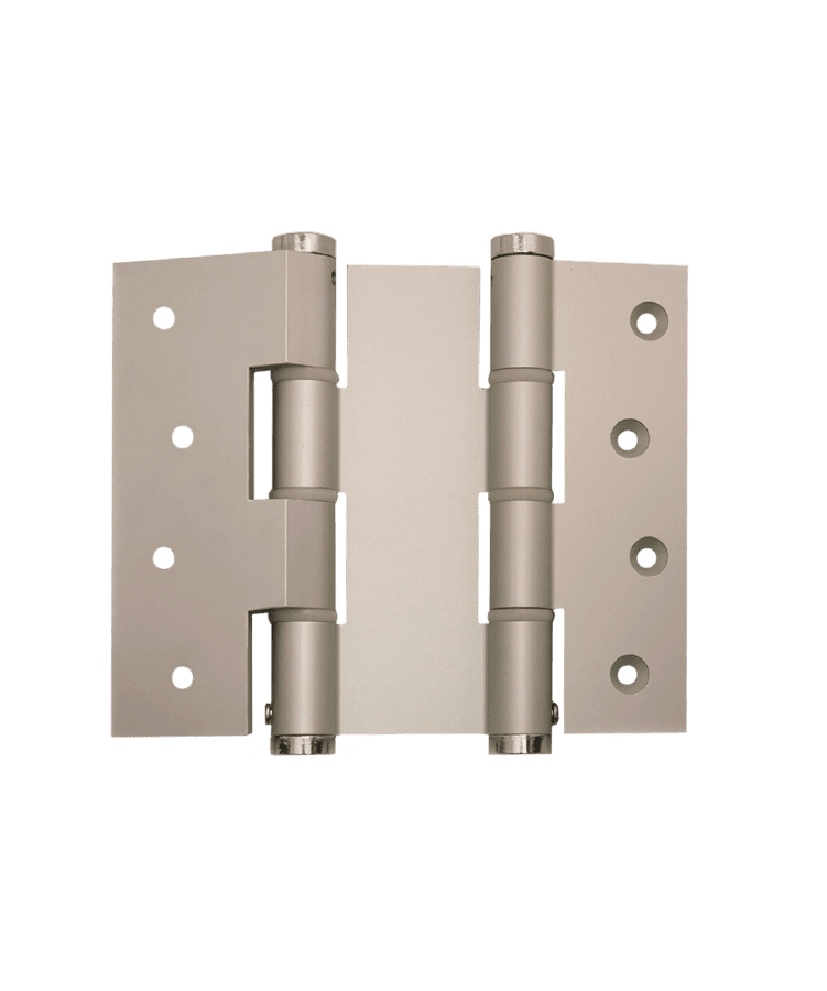 Pair of metallic door hinges on a transparent background