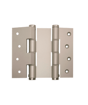 Pair of metallic door hinges on a transparent background