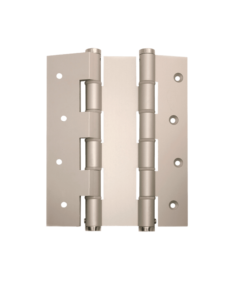Pair of metallic door hinges on a green background