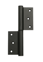 Pair of black metal hinges on a white background