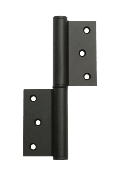 Pair of black metal hinges on a white background