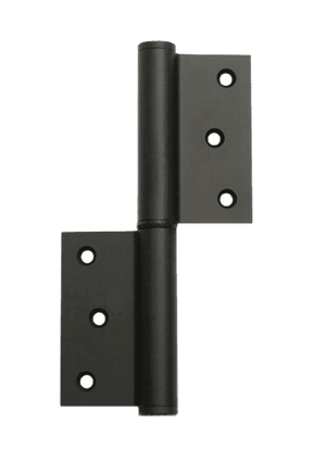 Pair of black metal hinges on a white background