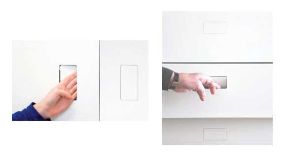 Two wall sockets with hands reaching towards them on a white background